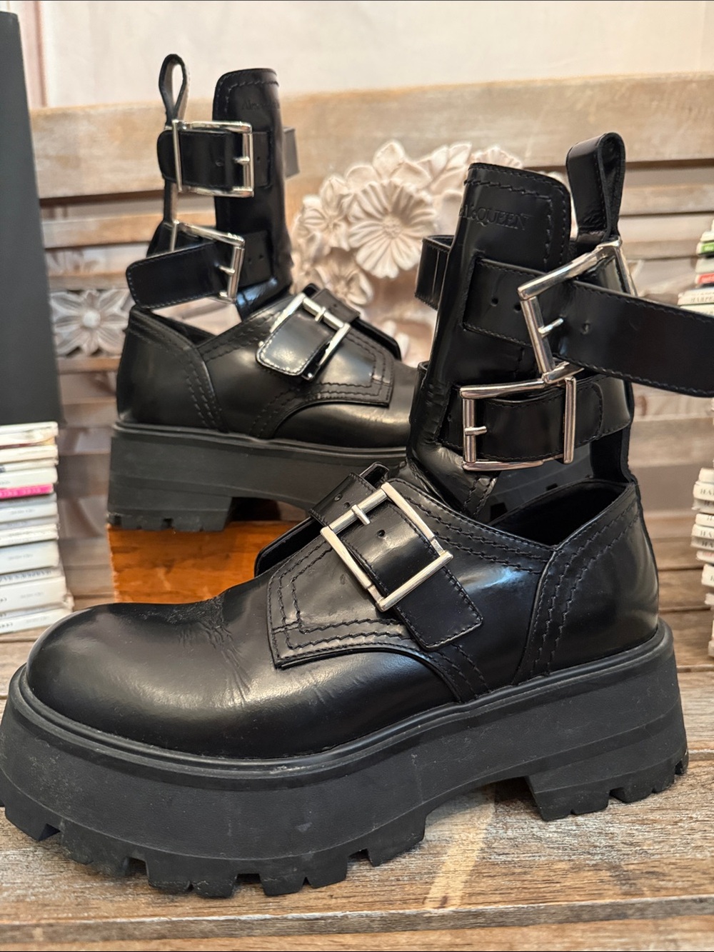 Alexander McQueen Black Leather Lug-Sole Buckle Boots